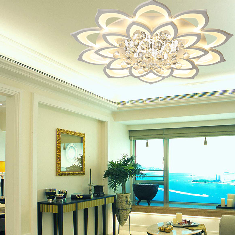 27"/31.5" W White Floral Flush Ceiling Light Contemporary LED Acrylic Flushmount Lighting with Crystal Drop in Warm/White Light Clearhalo 'Ceiling Lights' 'Close To Ceiling Lights' 'Close to ceiling' 'Flush mount' Lighting' 254214