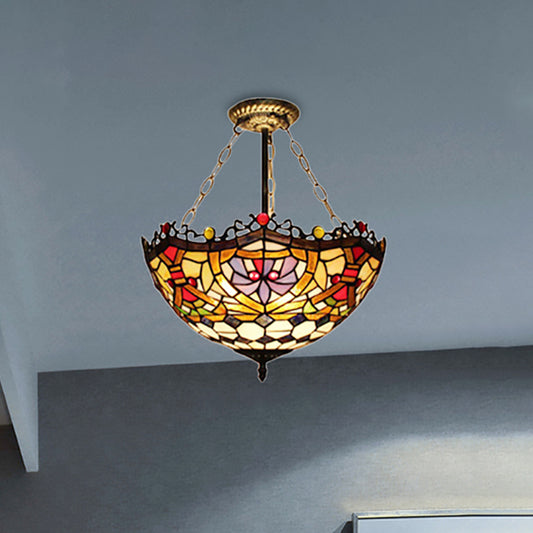 Dinging Room Bowl Semi Flush Ceiling Light Stained Glass Tiffany Victorian Inverted Ceiling Lamp in Orange-Purple Orange-Purple Clearhalo 'Ceiling Lights' 'Close To Ceiling Lights' 'Close to ceiling' 'Glass shade' 'Glass' 'Semi-flushmount' 'Tiffany close to ceiling' 'Tiffany' Lighting' 254237