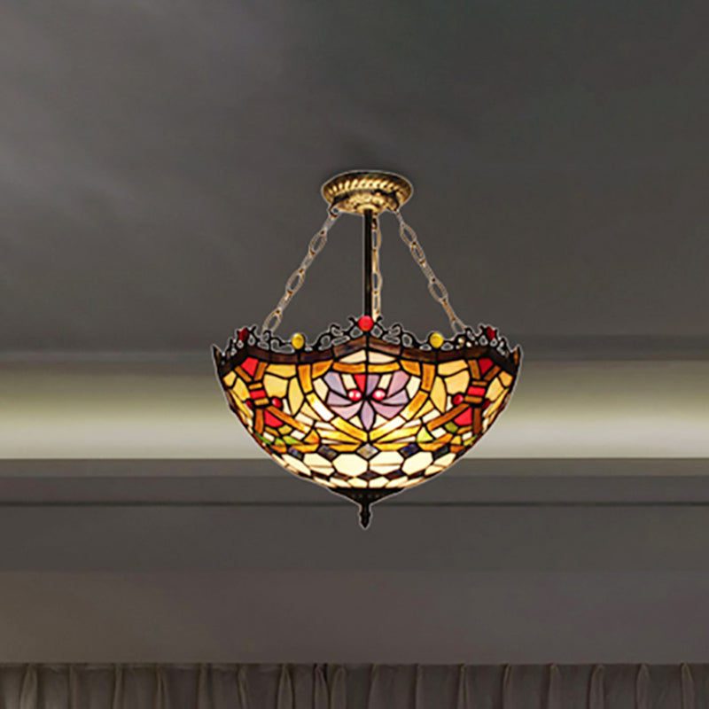 Dinging Room Bowl Semi Flush Ceiling Light Stained Glass Tiffany Victorian Inverted Ceiling Lamp in Orange-Purple Clearhalo 'Ceiling Lights' 'Close To Ceiling Lights' 'Close to ceiling' 'Glass shade' 'Glass' 'Semi-flushmount' 'Tiffany close to ceiling' 'Tiffany' Lighting' 254238