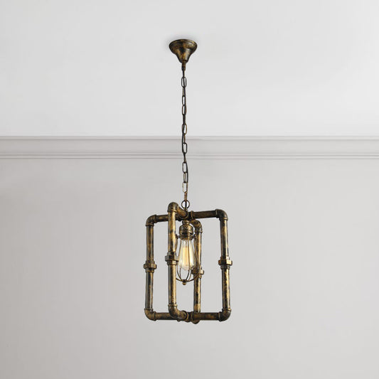 1 Head Rectangular Pipe Ceiling Lighting Industrial Brass Finish Iron Hanging Lamp with Bulb Cage Shade Brass Clearhalo 'Art Deco Pendants' 'Cast Iron' 'Ceiling Lights' 'Ceramic' 'Crystal' 'Industrial Pendants' 'Industrial' 'Metal' 'Middle Century Pendants' 'Pendant Lights' 'Pendants' 'Tiffany' Lighting' 254247