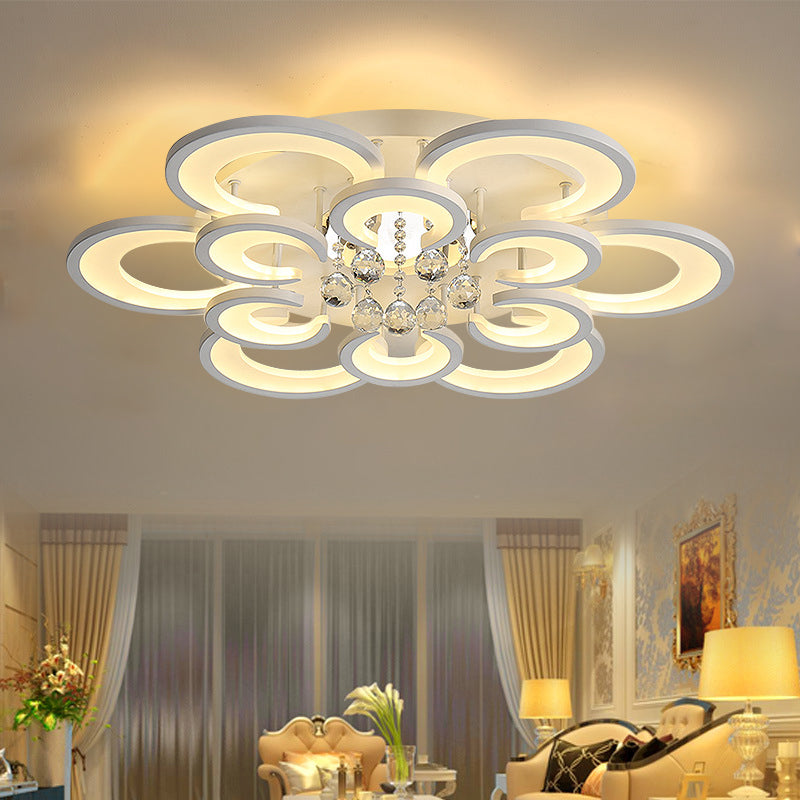 Acrylic Flower Design Flushmount Lamp Modern 27"/31.5" W LED White Ceiling Flush Mount with Clear Crystal Ball, Warm/White Light Clearhalo 'Ceiling Lights' 'Close To Ceiling Lights' 'Close to ceiling' 'Flush mount' Lighting' 254253