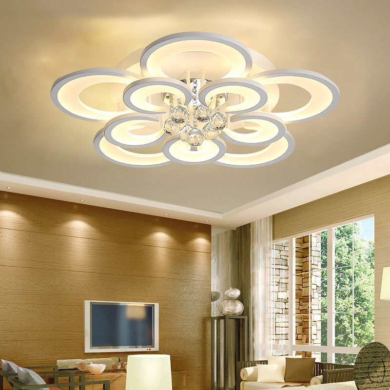 Acrylic Flower Design Flushmount Lamp Modern 27"/31.5" W LED White Ceiling Flush Mount with Clear Crystal Ball, Warm/White Light Clearhalo 'Ceiling Lights' 'Close To Ceiling Lights' 'Close to ceiling' 'Flush mount' Lighting' 254258