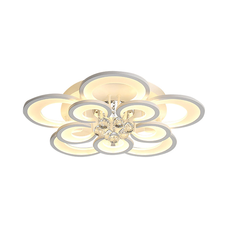 Acrylic Flower Design Flushmount Lamp Modern 27"/31.5" W LED White Ceiling Flush Mount with Clear Crystal Ball, Warm/White Light Clearhalo 'Ceiling Lights' 'Close To Ceiling Lights' 'Close to ceiling' 'Flush mount' Lighting' 254259