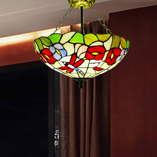 Colorful Blossom Dragonfly Ceiling Light Traditional Tiffany Semi Ceiling Mount Light for Kitchen Red-Yellow-Green Clearhalo 'Ceiling Lights' 'Close To Ceiling Lights' 'Close to ceiling' 'Glass shade' 'Glass' 'Semi-flushmount' 'Tiffany close to ceiling' 'Tiffany' Lighting' 254263