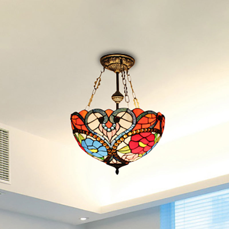 Stained Glass Blossom Semi Flush Mount Light Hotel Tiffany Elegant Ceiling Lamp with Bead Blue-Red Clearhalo 'Ceiling Lights' 'Close To Ceiling Lights' 'Close to ceiling' 'Glass shade' 'Glass' 'Semi-flushmount' 'Tiffany close to ceiling' 'Tiffany' Lighting' 254265