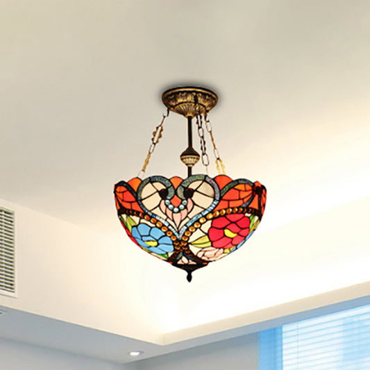 Stained Glass Blossom Semi Flush Mount Light Hotel Tiffany Elegant Ceiling Lamp with Bead Blue-Red Clearhalo 'Ceiling Lights' 'Close To Ceiling Lights' 'Close to ceiling' 'Glass shade' 'Glass' 'Semi-flushmount' 'Tiffany close to ceiling' 'Tiffany' Lighting' 254265