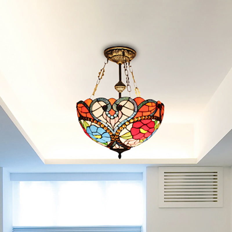 Stained Glass Blossom Semi Flush Mount Light Hotel Tiffany Elegant Ceiling Lamp with Bead Clearhalo 'Ceiling Lights' 'Close To Ceiling Lights' 'Close to ceiling' 'Glass shade' 'Glass' 'Semi-flushmount' 'Tiffany close to ceiling' 'Tiffany' Lighting' 254266
