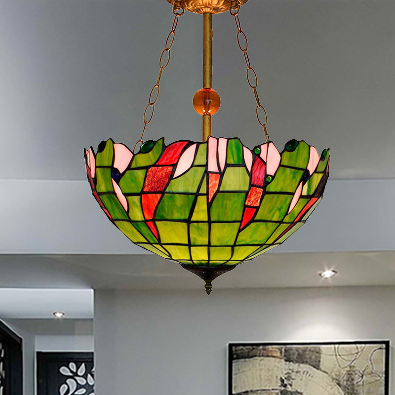 Lattice Bowl Inverted Ceiling Light Tiffany Rustic Art Glass Semi Flush Mount Light in Green for Living Room Green Clearhalo 'Ceiling Lights' 'Close To Ceiling Lights' 'Close to ceiling' 'Glass shade' 'Glass' 'Semi-flushmount' 'Tiffany close to ceiling' 'Tiffany' Lighting' 254295