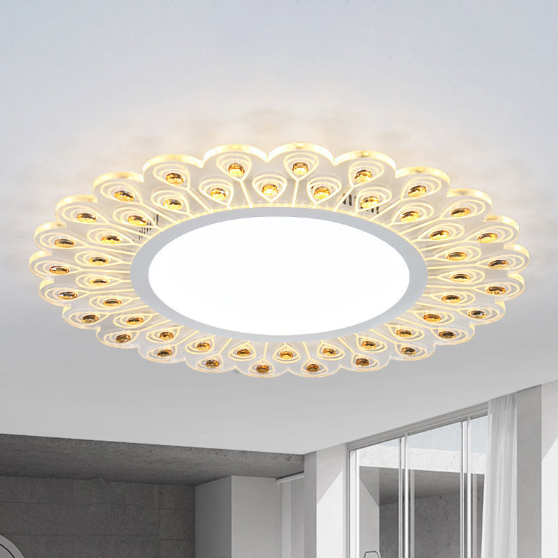 Clear Crystal Round Ceiling Light Fixture Modern LED White Flush Light with Peacock Tail Design in Warm/White Light, 14"/19.5" W White Clearhalo 'Ceiling Lights' 'Close To Ceiling Lights' 'Close to ceiling' 'Flush mount' Lighting' 254317