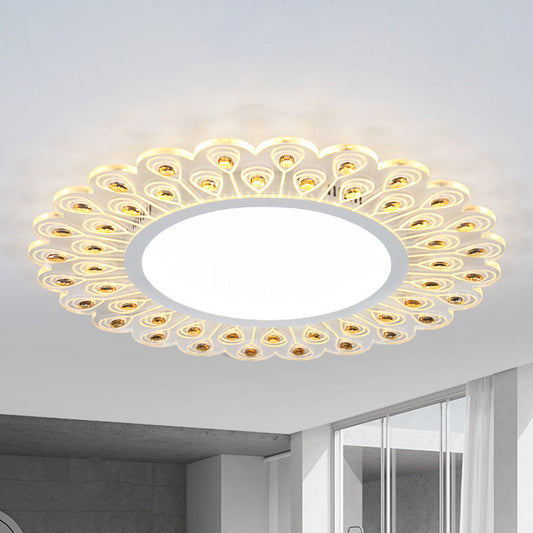 Clear Crystal Round Ceiling Light Fixture Modern LED White Flush Light with Peacock Tail Design in Warm/White Light, 14"/19.5" W White Clearhalo 'Ceiling Lights' 'Close To Ceiling Lights' 'Close to ceiling' 'Flush mount' Lighting' 254317