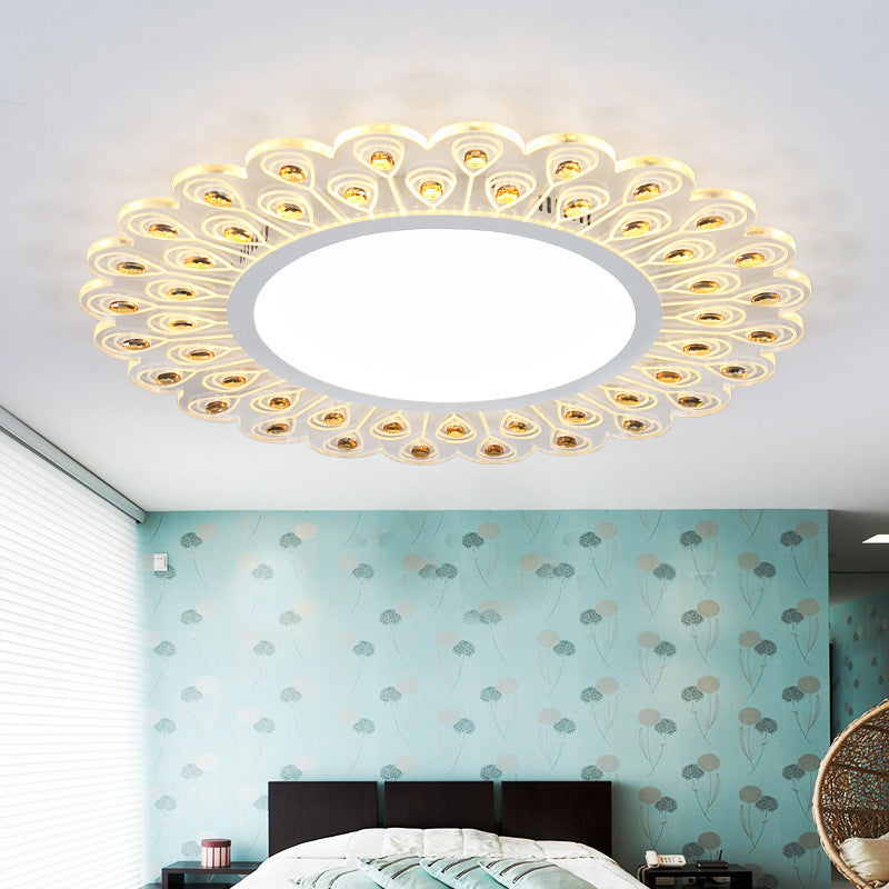 Clear Crystal Round Ceiling Light Fixture Modern LED White Flush Light with Peacock Tail Design in Warm/White Light, 14"/19.5" W Clearhalo 'Ceiling Lights' 'Close To Ceiling Lights' 'Close to ceiling' 'Flush mount' Lighting' 254318