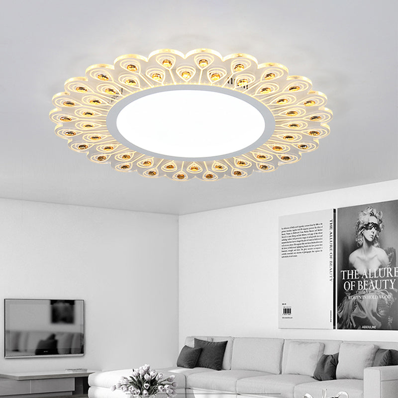 Clear Crystal Round Ceiling Light Fixture Modern LED White Flush Light with Peacock Tail Design in Warm/White Light, 14"/19.5" W Clearhalo 'Ceiling Lights' 'Close To Ceiling Lights' 'Close to ceiling' 'Flush mount' Lighting' 254319