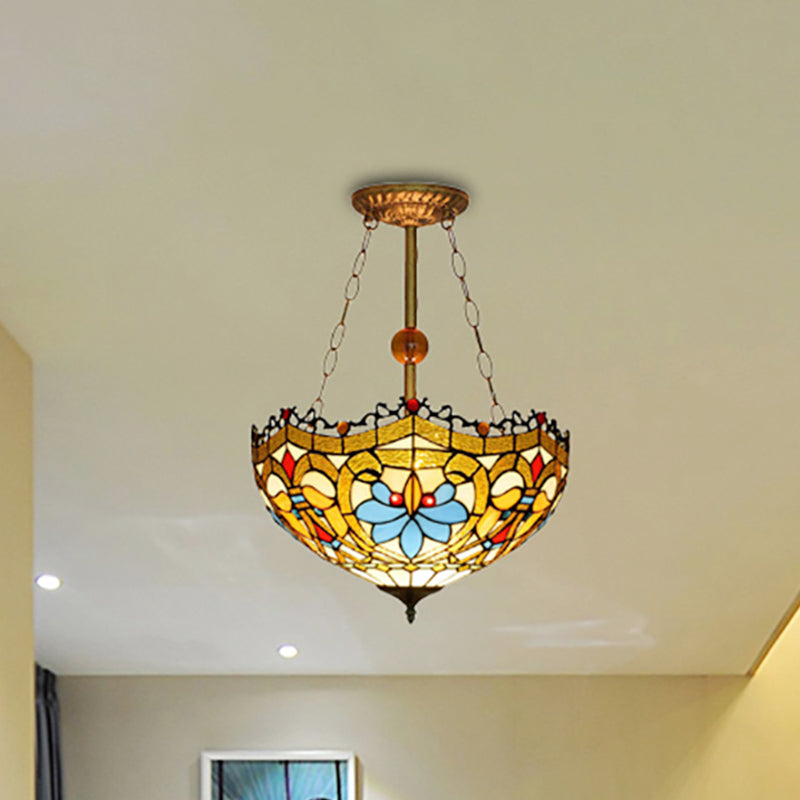 Yellow Glass Bowl Semi Flush Ceiling Light Victorian Design Tiffany Ceiling Lamp for Restaurant Yellow Clearhalo 'Ceiling Lights' 'Close To Ceiling Lights' 'Close to ceiling' 'Glass shade' 'Glass' 'Pendant Lights' 'Semi-flushmount' 'Tiffany close to ceiling' 'Tiffany' Lighting' 254321