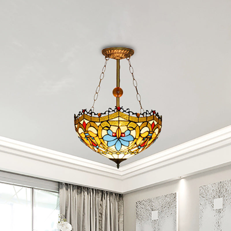 Yellow Glass Bowl Semi Flush Ceiling Light Victorian Design Tiffany Ceiling Lamp for Restaurant Clearhalo 'Ceiling Lights' 'Close To Ceiling Lights' 'Close to ceiling' 'Glass shade' 'Glass' 'Pendant Lights' 'Semi-flushmount' 'Tiffany close to ceiling' 'Tiffany' Lighting' 254322