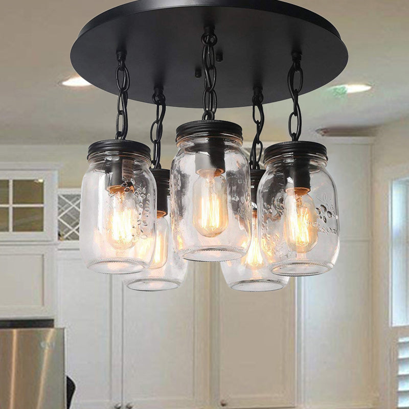 Mason Jar Etched Clear Glass Semi Flush Industrial 3/5-Bulb Dining Room Light Fixture 5 Clear Clearhalo 'Ceiling Lights' 'Close To Ceiling Lights' 'Close to ceiling' 'Glass shade' 'Glass' 'Semi-flushmount' Lighting' 254323