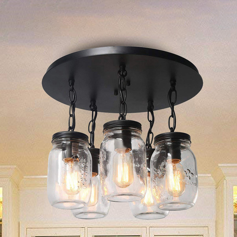 Mason Jar Etched Clear Glass Semi Flush Industrial 3/5-Bulb Dining Room Light Fixture Clearhalo 'Ceiling Lights' 'Close To Ceiling Lights' 'Close to ceiling' 'Glass shade' 'Glass' 'Semi-flushmount' Lighting' 254324