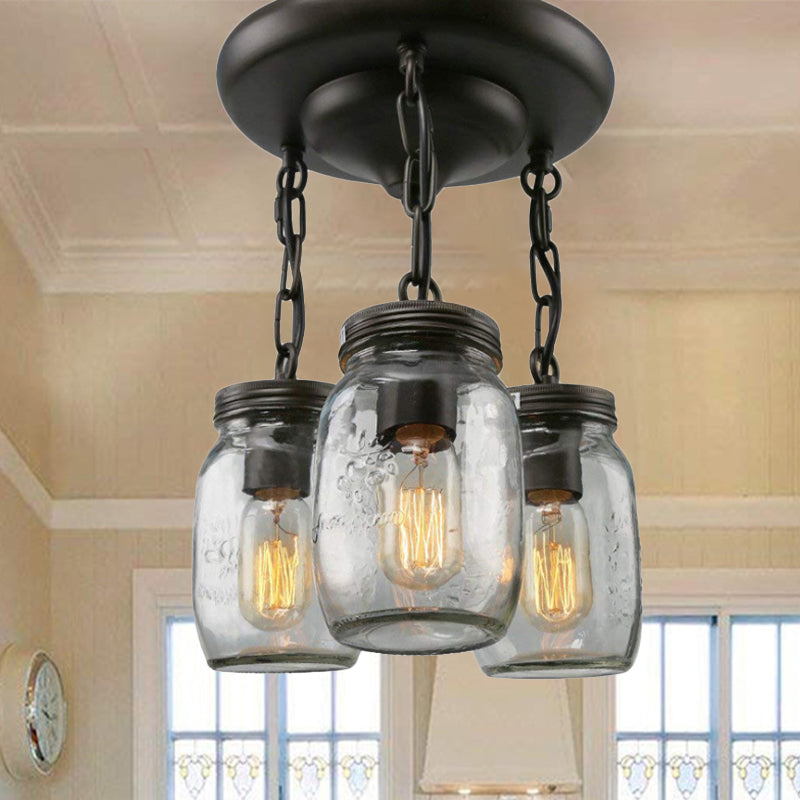 Mason Jar Etched Clear Glass Semi Flush Industrial 3/5-Bulb Dining Room Light Fixture Clearhalo 'Ceiling Lights' 'Close To Ceiling Lights' 'Close to ceiling' 'Glass shade' 'Glass' 'Semi-flushmount' Lighting' 254326