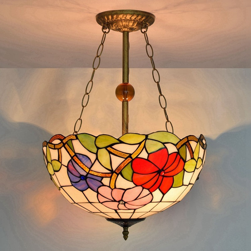 Restaurant Blossom Semi Flush Mount Light with Bowl Shade Stained Glass Tiffany Inverted Ceiling Lamp Antique Bronze Clearhalo 'Ceiling Lights' 'Close To Ceiling Lights' 'Close to ceiling' 'Glass shade' 'Glass' 'Pendant Lights' 'Semi-flushmount' 'Tiffany close to ceiling' 'Tiffany' Lighting' 254334