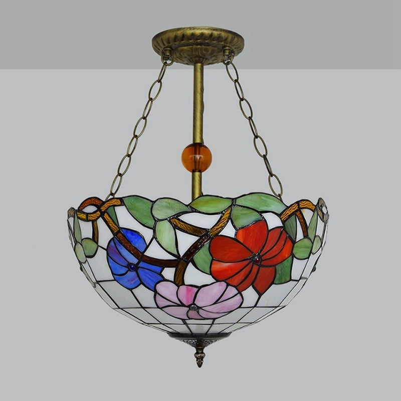 Restaurant Blossom Semi Flush Mount Light with Bowl Shade Stained Glass Tiffany Inverted Ceiling Lamp Clearhalo 'Ceiling Lights' 'Close To Ceiling Lights' 'Close to ceiling' 'Glass shade' 'Glass' 'Pendant Lights' 'Semi-flushmount' 'Tiffany close to ceiling' 'Tiffany' Lighting' 254335