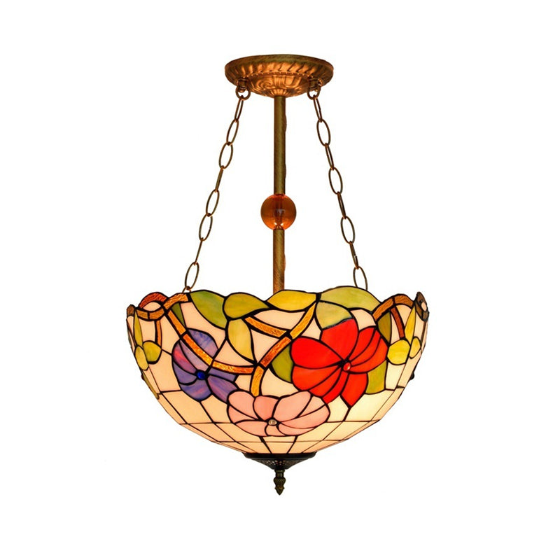 Restaurant Blossom Semi Flush Mount Light with Bowl Shade Stained Glass Tiffany Inverted Ceiling Lamp Clearhalo 'Ceiling Lights' 'Close To Ceiling Lights' 'Close to ceiling' 'Glass shade' 'Glass' 'Pendant Lights' 'Semi-flushmount' 'Tiffany close to ceiling' 'Tiffany' Lighting' 254337