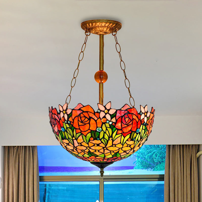 Tiffany Rustic Blossom Ceiling Lamp Stained Glass Inverted Semi Flush Ceiling Light in Orange-Red Orange Red Clearhalo 'Ceiling Lights' 'Close To Ceiling Lights' 'Close to ceiling' 'Glass shade' 'Glass' 'Pendant Lights' 'Semi-flushmount' 'Tiffany close to ceiling' 'Tiffany' Lighting' 254347