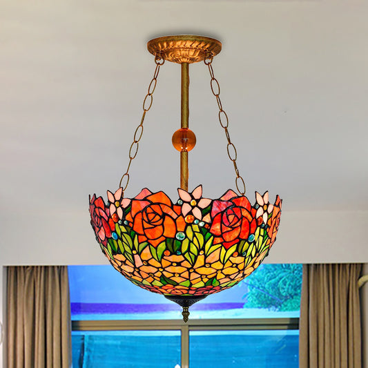 Tiffany Rustic Blossom Ceiling Lamp Stained Glass Inverted Semi Flush Ceiling Light in Orange-Red Orange Red Clearhalo 'Ceiling Lights' 'Close To Ceiling Lights' 'Close to ceiling' 'Glass shade' 'Glass' 'Pendant Lights' 'Semi-flushmount' 'Tiffany close to ceiling' 'Tiffany' Lighting' 254347