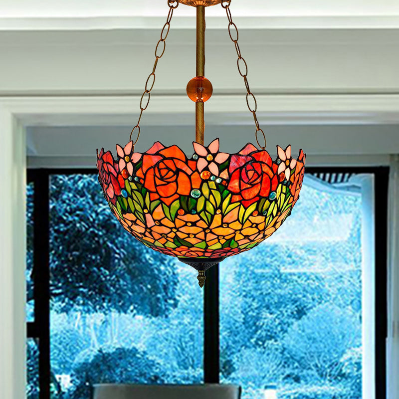 Tiffany Rustic Blossom Ceiling Lamp Stained Glass Inverted Semi Flush Ceiling Light in Orange-Red Clearhalo 'Ceiling Lights' 'Close To Ceiling Lights' 'Close to ceiling' 'Glass shade' 'Glass' 'Pendant Lights' 'Semi-flushmount' 'Tiffany close to ceiling' 'Tiffany' Lighting' 254348