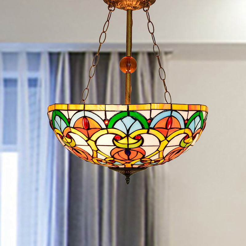 Multi-Colored Bowl Ceiling Mount Light Tiffany Victorian Stained Glass Inverted Ceiling Lamp for Bedroom Brass Clearhalo 'Ceiling Lights' 'Chandeliers' 'Close To Ceiling Lights' 'Close to ceiling' 'Glass shade' 'Glass' 'Semi-flushmount' 'Tiffany close to ceiling' 'Tiffany' Lighting' 254357