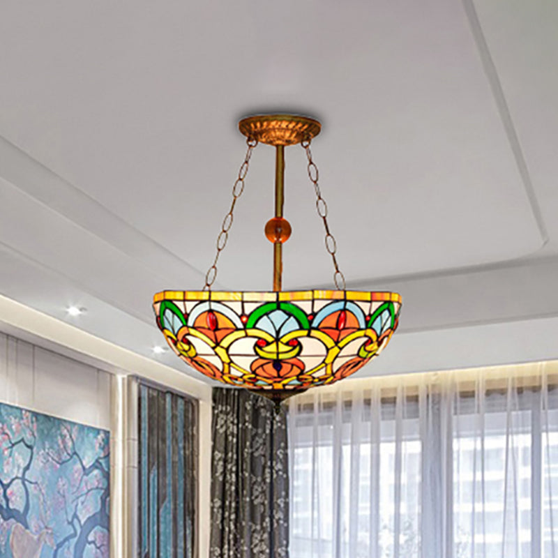 Multi-Colored Bowl Ceiling Mount Light Tiffany Victorian Stained Glass Inverted Ceiling Lamp for Bedroom Clearhalo 'Ceiling Lights' 'Chandeliers' 'Close To Ceiling Lights' 'Close to ceiling' 'Glass shade' 'Glass' 'Semi-flushmount' 'Tiffany close to ceiling' 'Tiffany' Lighting' 254359