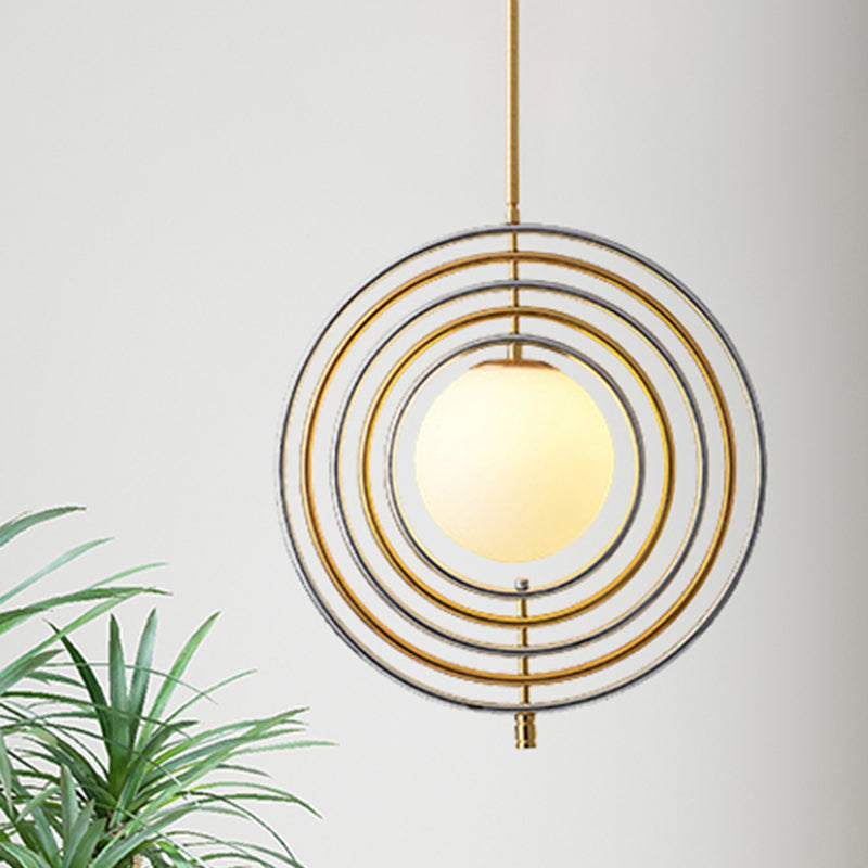 Frosted Glass Orbit Pendant Light with Concentric Ring Dining Room 1 Light Modern Hanging Light in Gold Gold Clearhalo 'Ceiling Lights' 'Modern Pendants' 'Modern' 'Pendant Lights' 'Pendants' Lighting' 254363