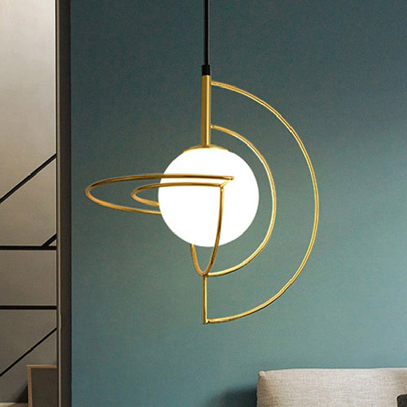 Globe Dining Room Hanging Light with Wire Frame Milk Glass Metal 1 Light Simple Pendant Light in Gold Gold Clearhalo 'Ceiling Lights' 'Modern Pendants' 'Modern' 'Pendant Lights' 'Pendants' Lighting' 254369