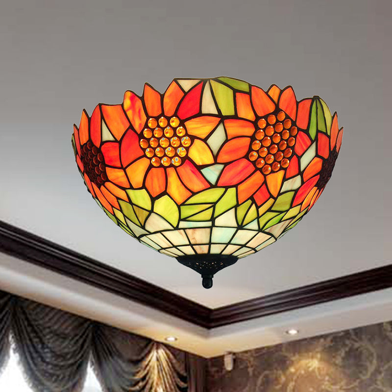 Rustic Sunflower Ceiling Mount Light Stained Glass Flush Light in Orange for Dining Room Orange Clearhalo 'Ceiling Lights' 'Close To Ceiling Lights' 'Close to ceiling' 'Flush mount' Lighting' 254375