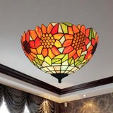 Rustic Sunflower Ceiling Mount Light Stained Glass Flush Light in Orange for Dining Room Orange Clearhalo 'Ceiling Lights' 'Close To Ceiling Lights' 'Close to ceiling' 'Flush mount' Lighting' 254375