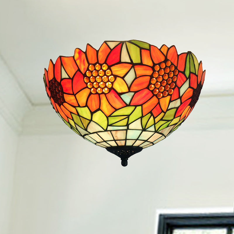 Rustic Sunflower Ceiling Mount Light Stained Glass Flush Light in Orange for Dining Room Clearhalo 'Ceiling Lights' 'Close To Ceiling Lights' 'Close to ceiling' 'Flush mount' Lighting' 254376