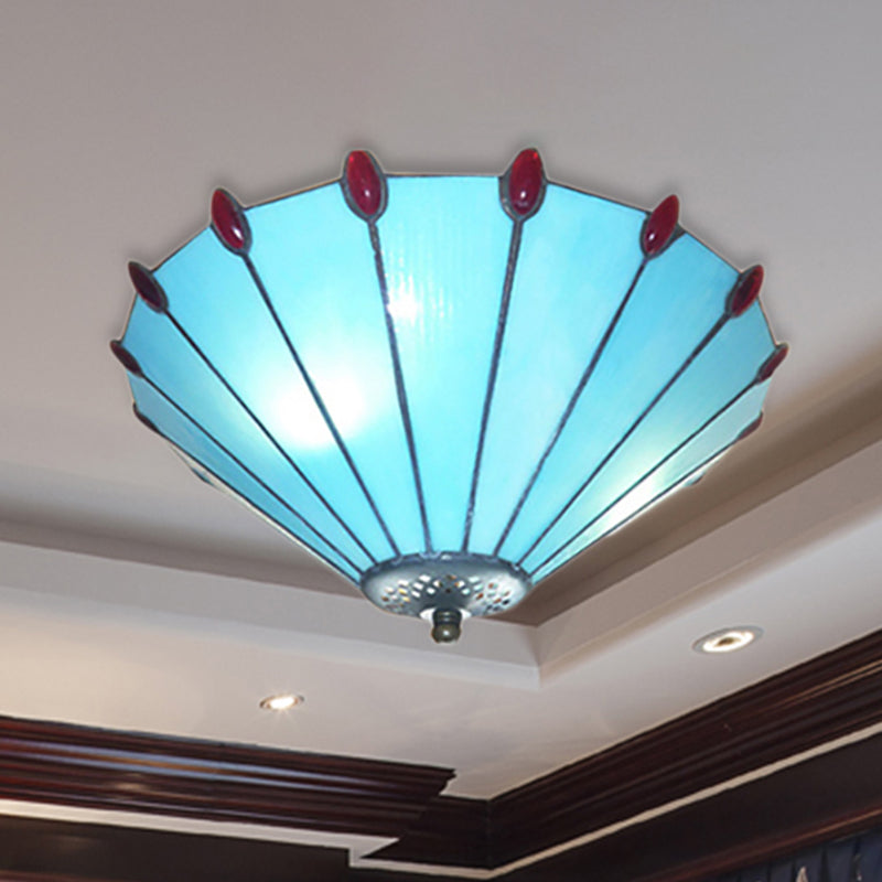 Tiffany Style Cone Ceiling Lamp Art Glass Blue Finish Flush Ceiling Light for Dining Room Clearhalo 'Ceiling Lights' 'Close To Ceiling Lights' 'Close to ceiling' 'Flush mount' Lighting' 254378