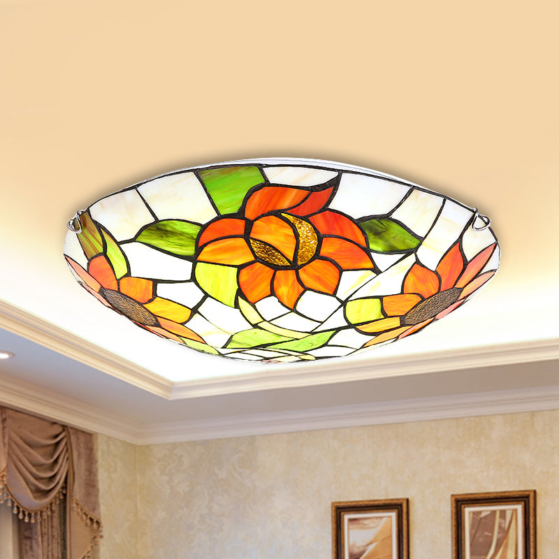 Hotel Dome Flush Mount Light with Sunflower Pattern Stained Glass Orange Ceiling Lamp Orange Clearhalo 'Ceiling Lights' 'Close To Ceiling Lights' 'Close to ceiling' 'Flush mount' Lighting' 254381