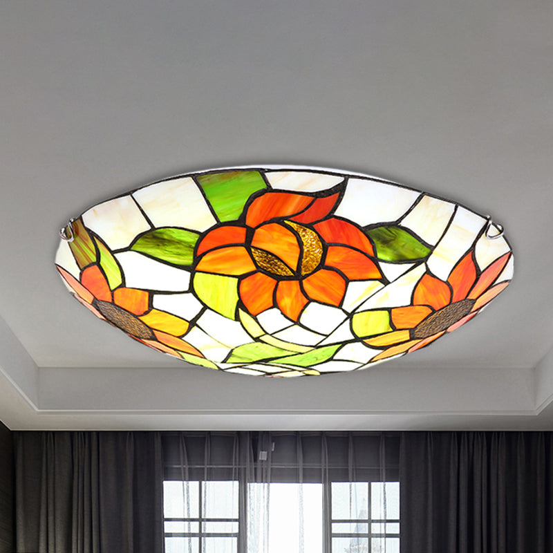 Hotel Dome Flush Mount Light with Sunflower Pattern Stained Glass Orange Ceiling Lamp Clearhalo 'Ceiling Lights' 'Close To Ceiling Lights' 'Close to ceiling' 'Flush mount' Lighting' 254382