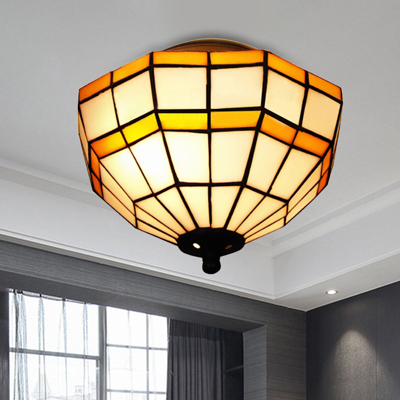 Tiffany Lattice Bowl Flush Mount Light Glass Yellow Ceiling Light for Study Room Clearhalo 'Ceiling Lights' 'Close To Ceiling Lights' 'Close to ceiling' 'Glass shade' 'Glass' 'Semi-flushmount' 'Tiffany close to ceiling' 'Tiffany' Lighting' 254388