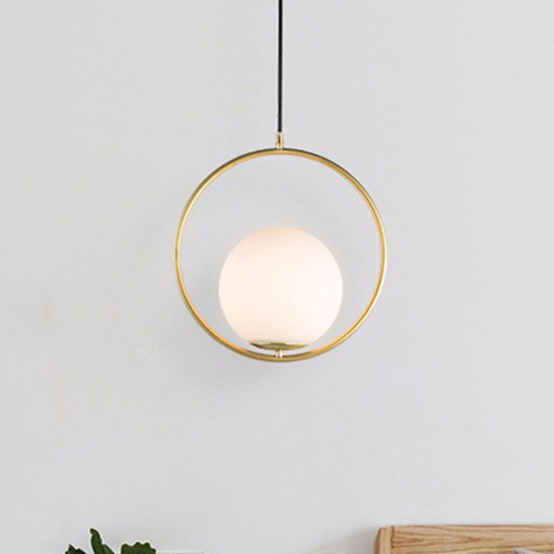 Modern Spherical Shade Pendant Light with Ring Frosted Glass 1 Light White Hanging Light White Clearhalo 'Ceiling Lights' 'Glass shade' 'Glass' 'Modern Pendants' 'Modern' 'Pendant Lights' 'Pendants' Lighting' 254410