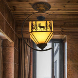 Art Glass Forest Deer Ceiling Lamp with Lodge Shade Bedroom 1 Light Rustic Semi Flushmount Light in Beige Beige Clearhalo 'Ceiling Lights' 'Chandeliers' 'Close To Ceiling Lights' 'Close to ceiling' 'Glass shade' 'Glass' 'Semi-flushmount' 'Tiffany close to ceiling' 'Tiffany' Lighting' 254420