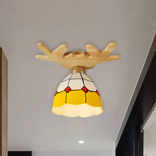 Tiffany Traditional Bowl Ceiling Light with Antlers Art Glass Single Light Yellow Ceiling Lamp for Bookstore Clearhalo 'Ceiling Lights' 'Close To Ceiling Lights' 'Close to ceiling' 'Glass shade' 'Glass' 'Semi-flushmount' 'Tiffany close to ceiling' 'Tiffany' Lighting' 254426