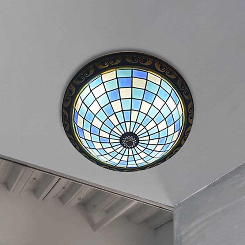 Bowl Shaped Restaurant Ceiling Fixture Art Glass Mosaic Tiffany Flush Ceiling Light in Blue for Barhroom Blue Clearhalo 'Ceiling Lights' 'Close To Ceiling Lights' 'Close to ceiling' 'Flush mount' Lighting' 254429