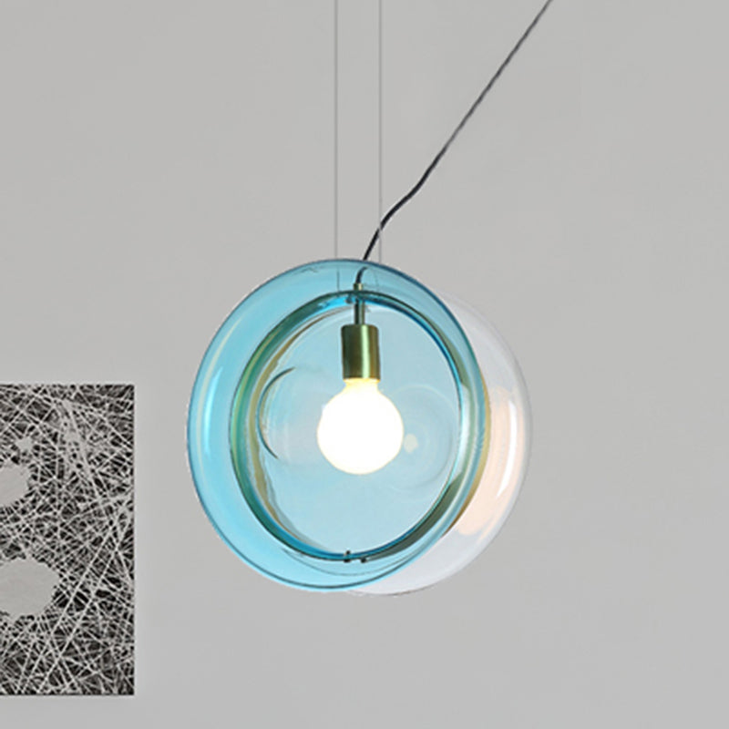 Orbit Corridor Hotel Suspension Light Glass Single Head Pendant Lamp with Brass Ring Light Blue Clearhalo 'Ceiling Lights' 'Glass shade' 'Glass' 'Modern Pendants' 'Modern' 'Pendant Lights' 'Pendants' Lighting' 254433