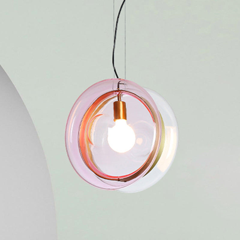 Orbit Corridor Hotel Suspension Light Glass Single Head Pendant Lamp with Brass Ring Pink Clearhalo 'Ceiling Lights' 'Glass shade' 'Glass' 'Modern Pendants' 'Modern' 'Pendant Lights' 'Pendants' Lighting' 254437