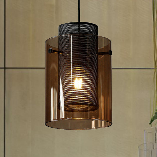 Amber Cylinder Pendant Lamp with Hollow Mesh Screen 1 Bulb Modern Hanging Light for Kitchen Amber Clearhalo 'Ceiling Lights' 'Glass shade' 'Glass' 'Modern Pendants' 'Modern' 'Pendant Lights' 'Pendants' Lighting' 254449