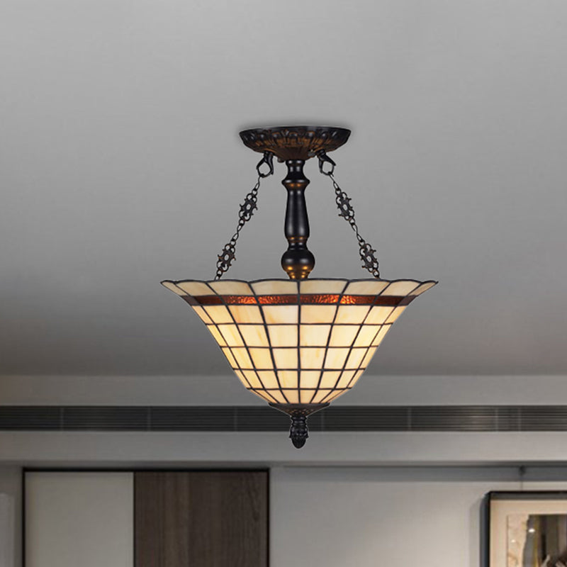 Glass Lattice Bell Chandelier Tiffany Antique Inverted Pendant Light in Beige for Restaurant Clearhalo 'Ceiling Lights' 'Close To Ceiling Lights' 'Close to ceiling' 'Glass shade' 'Glass' 'Semi-flushmount' 'Tiffany close to ceiling' 'Tiffany' Lighting' 254459