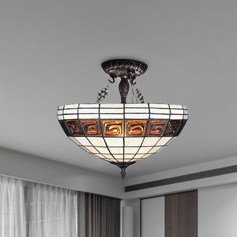 Hotel Lattice Dome Hanging Light Art Glass Tiffany Vintage White Chandelier for Cloth Shop White Clearhalo 'Ceiling Lights' 'Close To Ceiling Lights' 'Close to ceiling' 'Glass shade' 'Glass' 'Semi-flushmount' 'Tiffany close to ceiling' 'Tiffany' Lighting' 254460