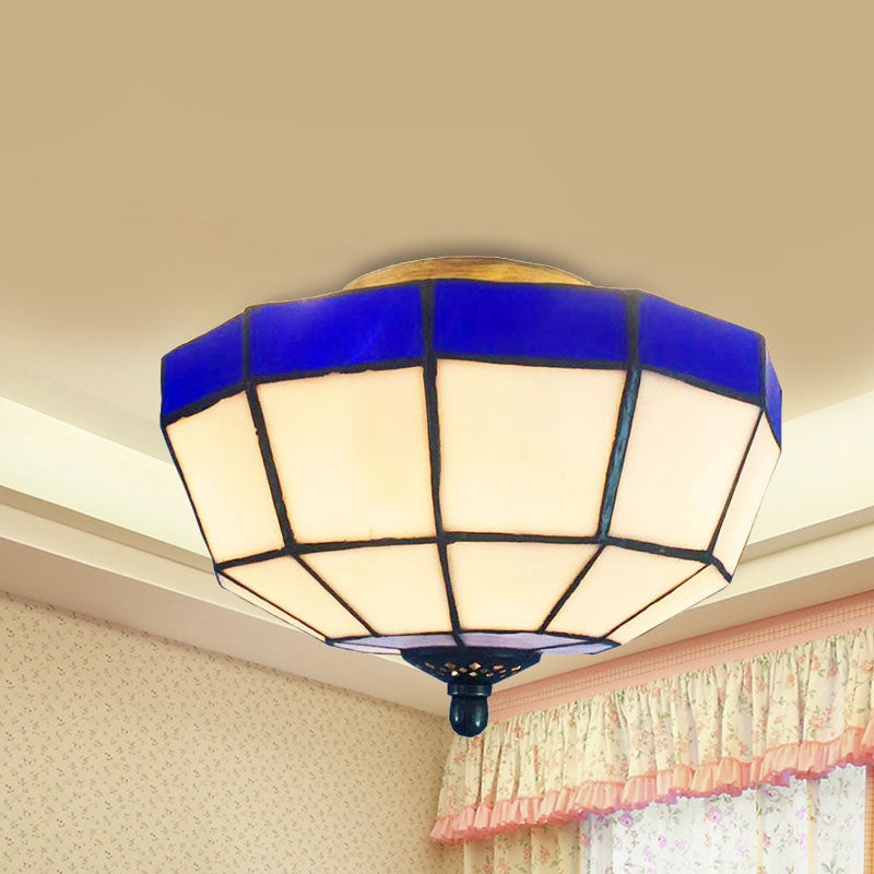 Bowl Flush Ceiling Light Tiffany Style 1 Light Stained Glass Flush Light in Blue and White for Foyer Blue-White Clearhalo 'Ceiling Lights' 'Close To Ceiling Lights' 'Close to ceiling' 'Flush mount' Lighting' 254465