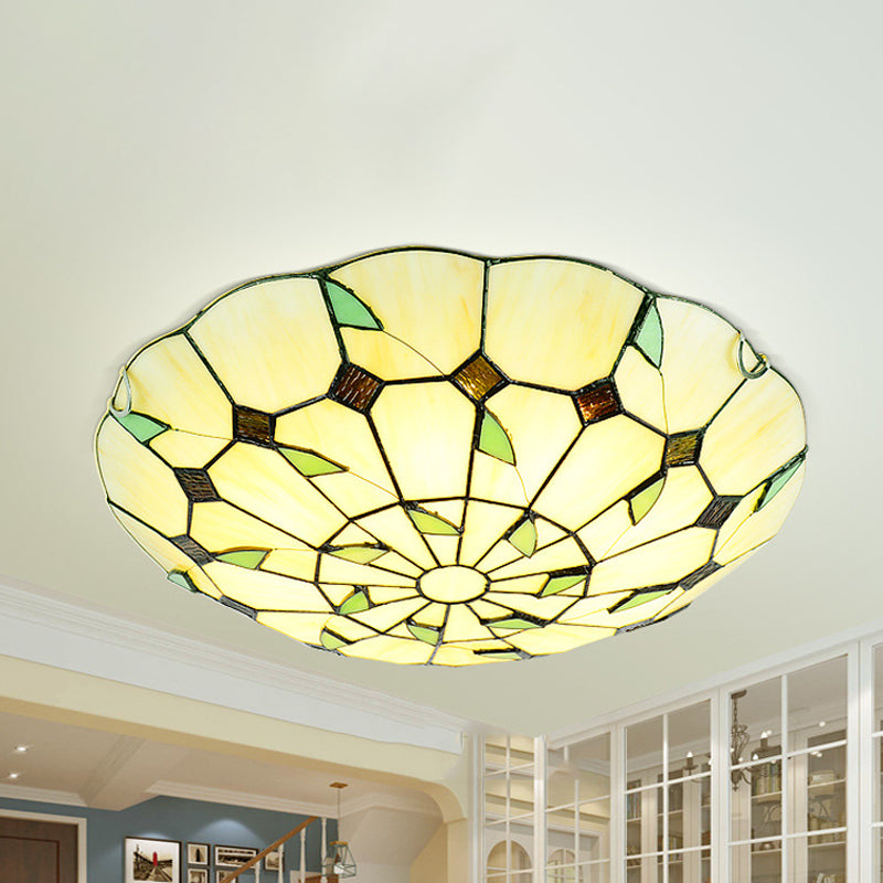 3 Bulbs Bowl Flush Lighting Stained Glass Tiffany Ceiling Light Fixture for Living Room Beige Clearhalo 'Ceiling Lights' 'Close To Ceiling Lights' 'Close to ceiling' 'Flush mount' Lighting' 254468