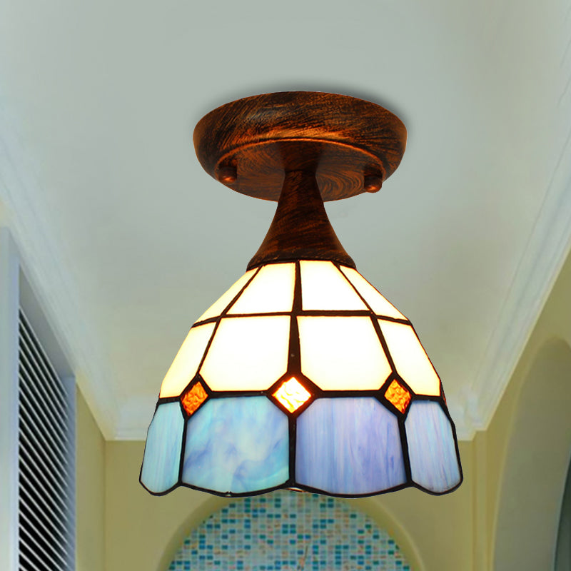 Mini Semi Flush Light with Stained Glass 1 Light Mediterranean Ceiling Light in Blue for Corridor Blue Clearhalo 'Ceiling Lights' 'Close To Ceiling Lights' 'Close to ceiling' 'Glass shade' 'Glass' 'Pendant Lights' 'Semi-flushmount' 'Tiffany close to ceiling' 'Tiffany' Lighting' 254474